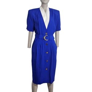 John Roberts Midi Length Button Front Dress Womens 5 / 6 Red Blue Vintage 90's